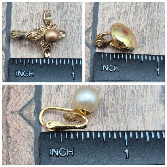 Lot 3 Minimalist Clip On Earrings Pearl Amber Crystal Gold Tone Vintage Signed - Picture 12 of 12